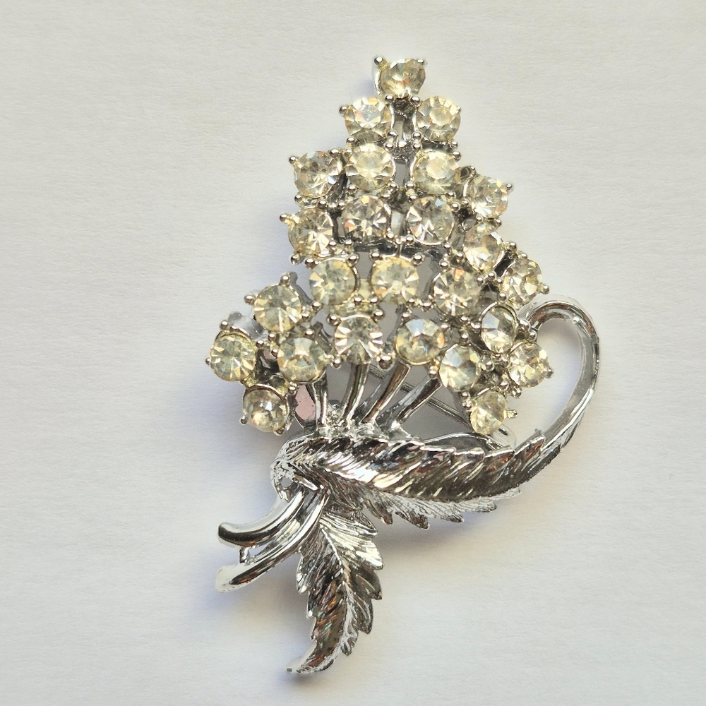 Vintage Signed Coro Clear Rhinestone Bouquet Brooch